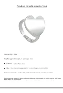 Macro shot of S925 sterling silver heart ring showing the 5.35g weight and 16.5mm size