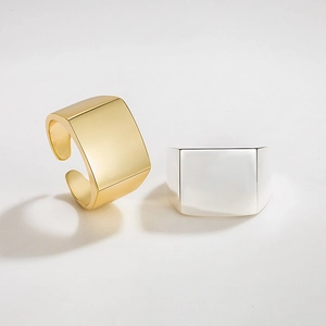 925 Sterling Silver Geometric Square Signet Open Ring Minimalist Adjustable Wide Band Ring For Women Personality Jewelry Gift