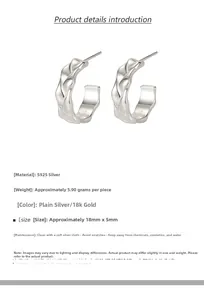 Detail view of twisted S925 silver hoop earrings with 18k gold finish and dimensions
