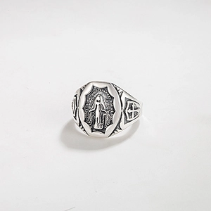 Vintage 925 Sterling Silver Virgin Mary Signet Ring Antique Gothic Cross Religious Band For Women Men Jewelry Gift