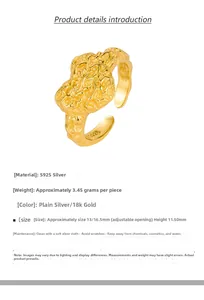 Spécifications de la bague en argent S925 plaqué or 18K avec poids et dimensions exactes