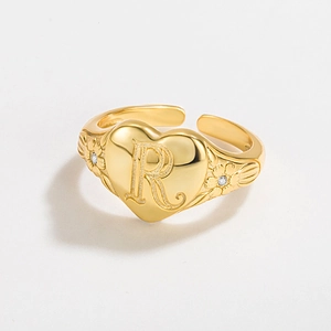 Golden heart open ring with R-letter engraving and floral patterns in S925 silver