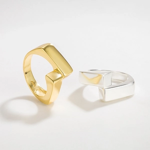 925 Sterling Silver Geometric Open Ring For Women Minimalist 18K Gold Plated Double Square Block Adjustable Finger Ring Jewelry
