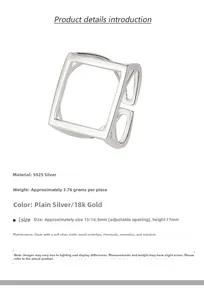 Detail eines verstellbaren quadratischen Hohlrings aus S925 Sterling Silber mit Maßen