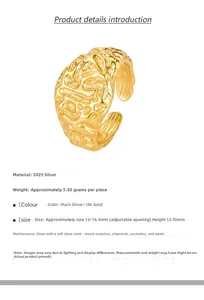 Detail showing irregular rock texture and dimensions of S925 silver 18k gold adjustable ring
