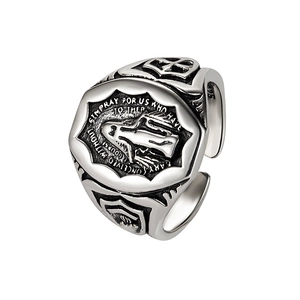Vintage S925 sterling silver Virgin Mary ring with an oval relief and open adjustable band