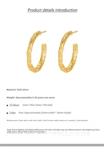 Detail view of 18K gold S925 silver C-shape earrings with irregular hammered texture