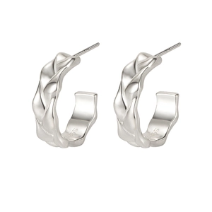 S925 sterling silver C-shaped twisted stud earrings with a glossy metallic texture