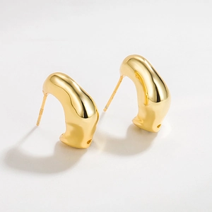 Polished S925 sterling silver gold-plated irregular organic bean hoop earrings for women