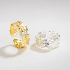 Bague Ouverte en Argent Sterling S925 Texture Ridée Irrégulière pour Femme Strass Minimaliste Ajustable Bijoux Cadeau