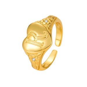 Golden heart-shaped adjustable ring featuring an engraved letter R and floral zircon detail