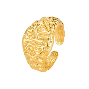 Irregular hammered gold open ring with modern lava texture and minimalist artistic style