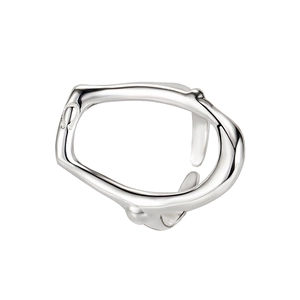 Modern s925 sterling silver hollow oval ring with irregular liquid metal design