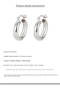 Macro detail of chunky S925 sterling silver hoop earrings with size and weight specs