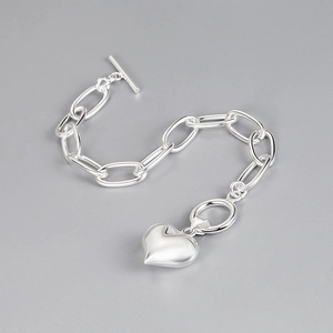 925 Sterling Silver Heart Pendant Bracelet For Women Korean Ins Style Thick Link Chain OT Buckle Toggle Fashion Hand Jewelry