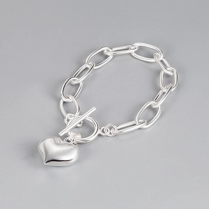 925 sterling silver heart bracelet with oval links and toggle clasp closure