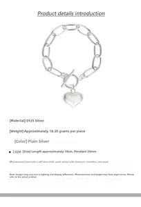 Detail of S925 sterling silver heart bracelet with OT clasp and 18cm chain specs