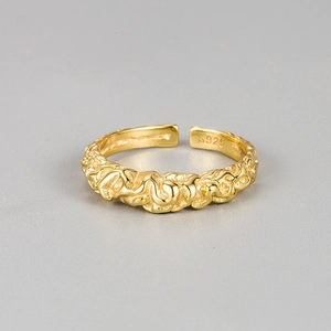 Modern S925 sterling silver gold plated irregular lava style open ring for women