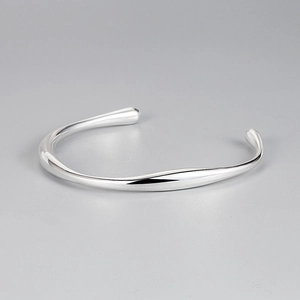 Korean Style 925 Sterling Silver Bangle Irregular Design Minimalist High Polish Adjustable Open Cuff Bracelet For Women Jewelry