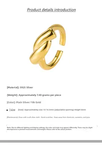 Detail of 18k gold plated S925 silver crossover ring showing dimensions and weight