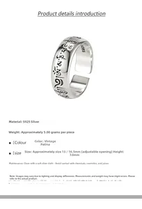 Detail of S925 silver adjustable ring showing antique finish and religious engravings