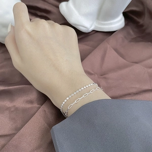Bracelet double rang en argent 925 avec perles et chaîne trombone pour femme
