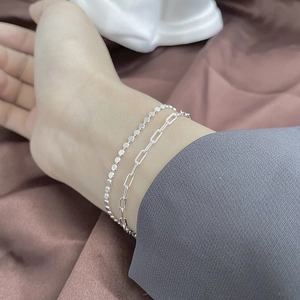 Bracelet double rang en argent 925 avec disques ronds et maillons de chaîne trombone