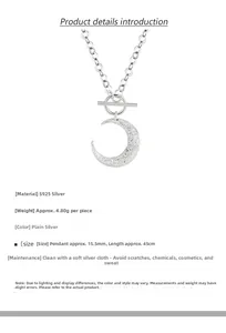 Detailed specs of S925 sterling silver moon necklace with frosted pendant and T-bar clasp