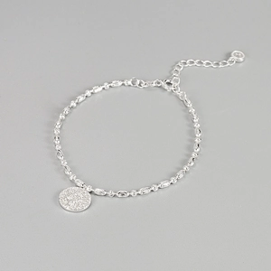 S925 Sterling Silver Beaded Bracelet For Women Minimalist Lucky Letter Round Pendant Elegant Shimmering Texture Fashion Jewelry Gift