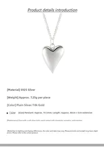 Dettaglio collana in argento S925 con pendente a cuore e specifiche tecniche complete