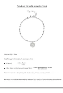 Macro detail of S925 sterling silver LUCKY bracelet showing dimensions and weights