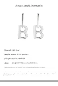 Detailed view of S925 sterling silver B-shaped earrings with core specs and size 11.5x15.5mm