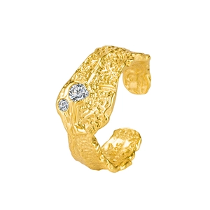 S925 sterling silver open ring with gold lava texture and sparkling cubic zirconia stones