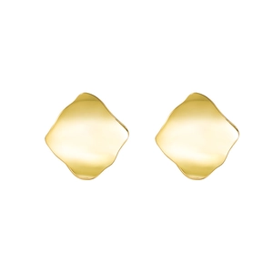 Pair of minimalist irregular geometric gold stud earrings with a wavy metal surface