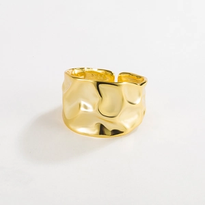Irregular textured wide S925 sterling silver open ring with gold plated finish for women