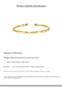 Detailed view of S925 sterling silver wavy gold bracelet with precise size measurements