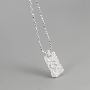 S925 sterling silver ball chain necklace with G-letter engraved textured square pendant