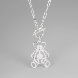Collier Pendentif Ours en Argent Sterling 925 pour Femme Style Coréen Ajouré Chaîne Trombone Collier Long Fermoir Cabillot