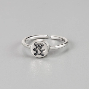 Vintage 925 Sterling Silver Bear Open Ring For Women Retro Distressed Animal Pattern Adjustable Korean Style Finger Ring