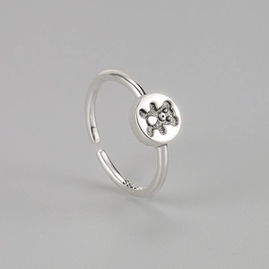 Retro S925 sterling silver open ring featuring a 3D cartoon bear in a matte round tray