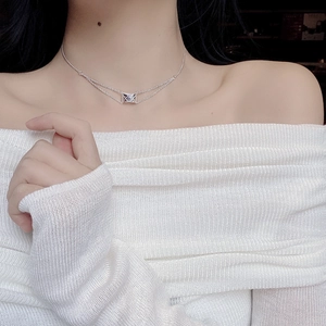 Close-up of double-layer S925 sterling silver necklace with hollow rectangle pendant