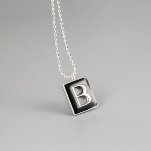Minimalist S925 sterling silver square B letter pendant necklace with black enamel finish