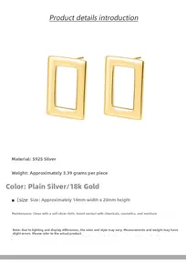Detailed view of S925 sterling silver rectangular earrings with 18K gold plating dimensions