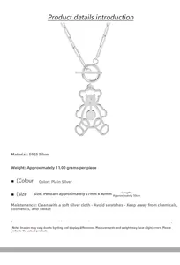 Détail du collier ours en argent S925 montrant les dimensions 27x40mm et la chaîne 50cm