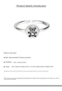 Detail view of vintage S925 silver bear ring showing 8mm height and 1.75g weight info