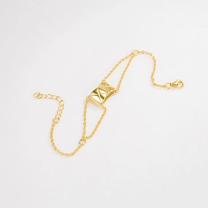 925 Sterling Silver Quilted Rectangular Pendant Double Layer Chain Bracelet For Women Minimalist Geometric Jewelry