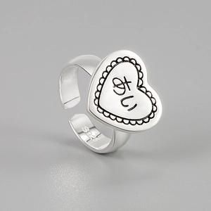 Minimalist S925 sterling silver heart open ring with beaded edge and engraving