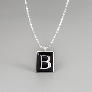 S925 Sterling Silver Square Pendant Necklace Black Enamel Initial B Letter For Women Minimalist Ball Chain Fashion Jewelry