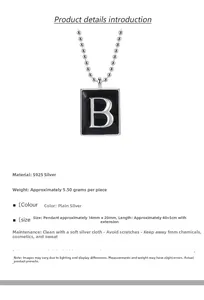 Detailed view of S925 sterling silver rectangular black pendant with B letter engraving