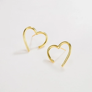 Elegant minimalist S925 sterling silver hollow heart line earrings in gold finish